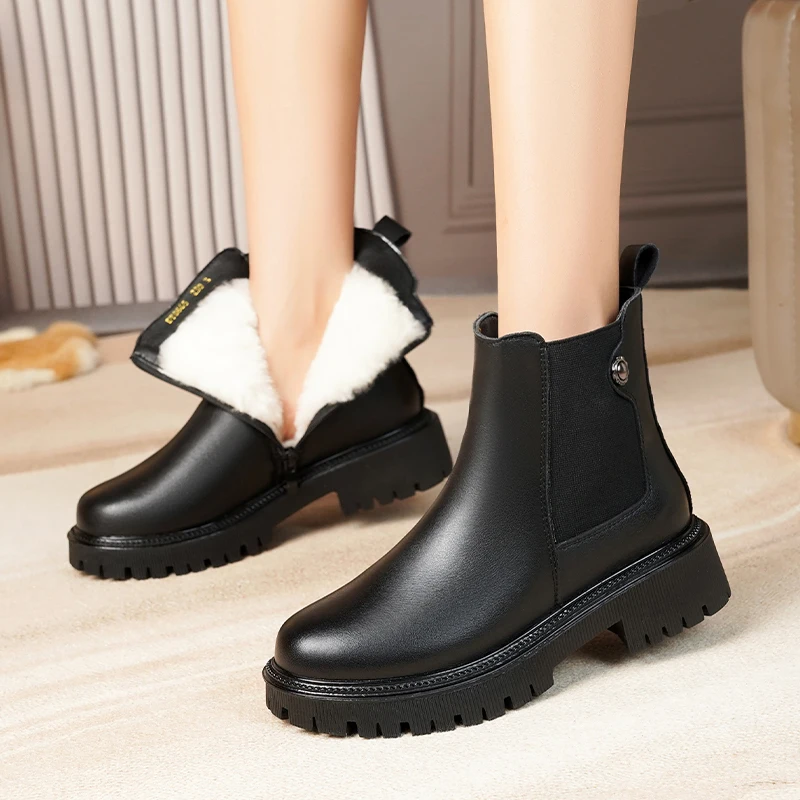 Women Chelsea Boots Genuine Leather Winter Shoes Boots Women Casual Platform Large Size Natural Wool Female Rider Boots