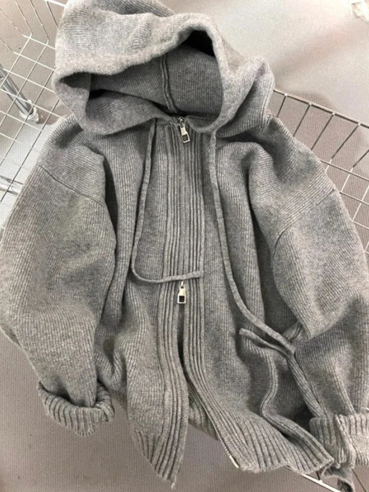 Knitted Hoodies for Women Vintage Casual Fashion Sweatshirts Solid Loose Long Sleeve Zipper Autumn Winter 250103