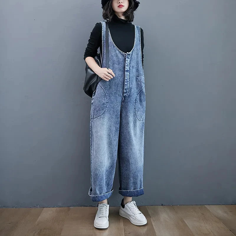 Denim Strap Pants For womens Streetwear 2025 Spring/summer Loose Wide leg Long Jeans Fashion Casual Student Denim Jumpsuit 241230