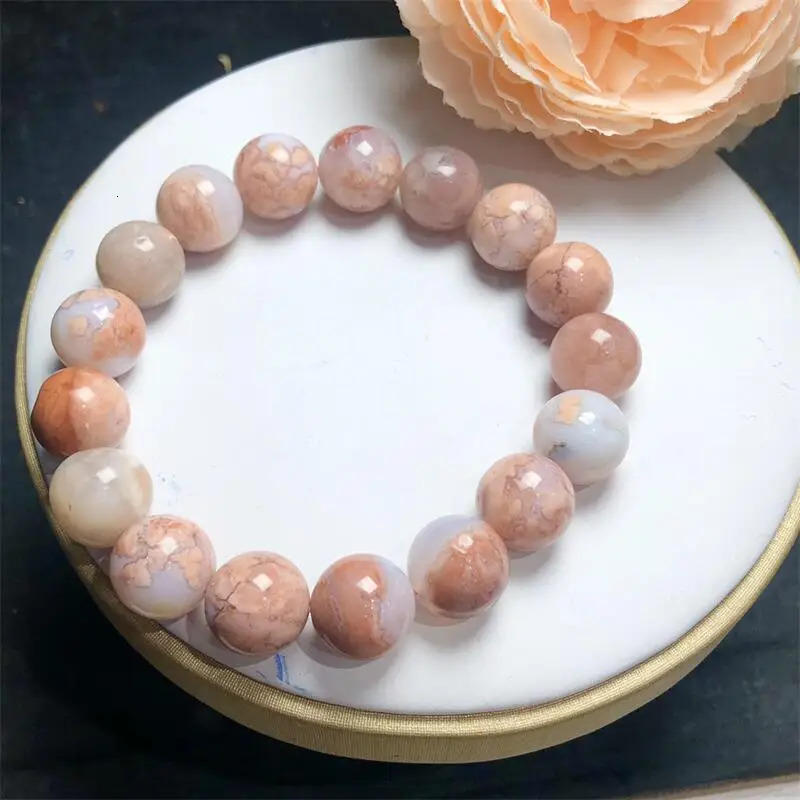 12MM Natural Pink Flower Agate Bracelet Woman Lady Man Healing Wealth Gift Crystal Beads Quartz Gemstone Jewelry 250102