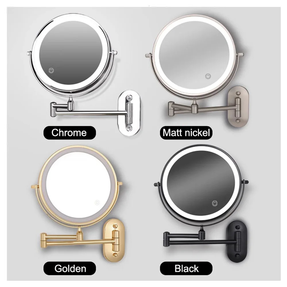 Golden Wall Folding Makeup Mirror Double Side Fill Light Magnifying USB Charging Led Tricolor Dimming Bathroom Cosmetic Mirrors 250103