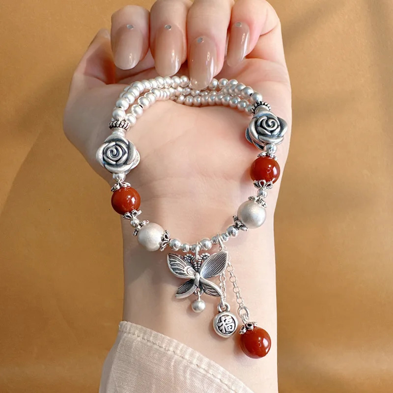 Langyan 925 sterling silver red agate butterfly rose bracelet for women vintage silver bead charm bracelet handmade 250102