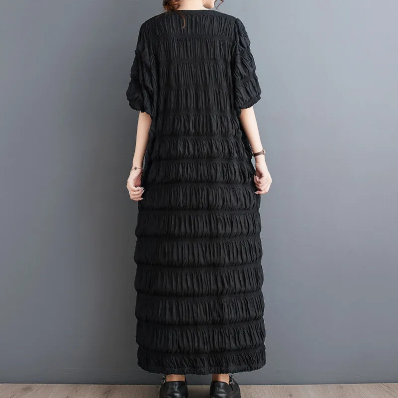 Wxw0207 summer pleated long skirt with puff sleeves loose ankle length office straight dress womens Vestdos V-neck retro womens dress 250103