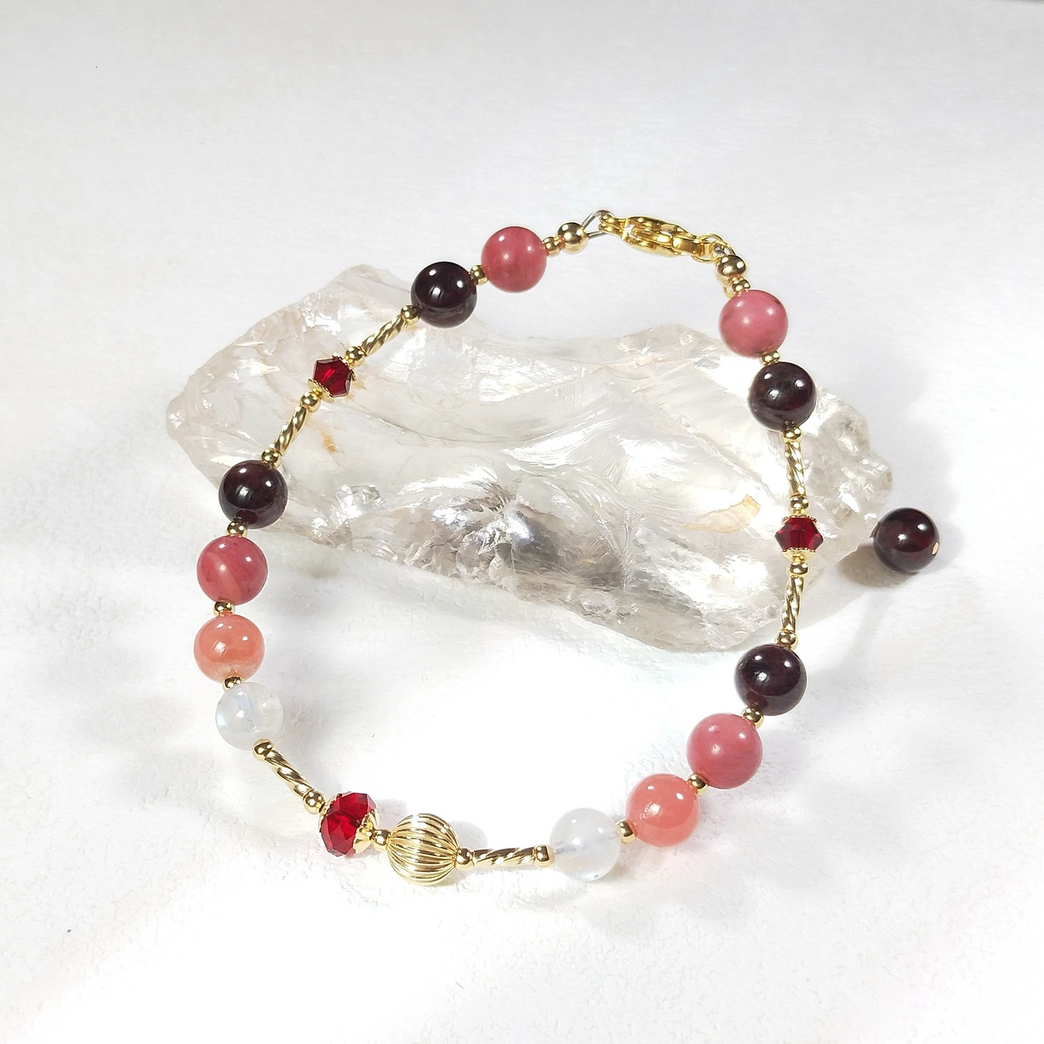 Lili Ji Natural Garnet Moonstone Rhodiola 6mm US 14K Gold Plated Charm Bracelet Handmade Fashion Jewelry 250102