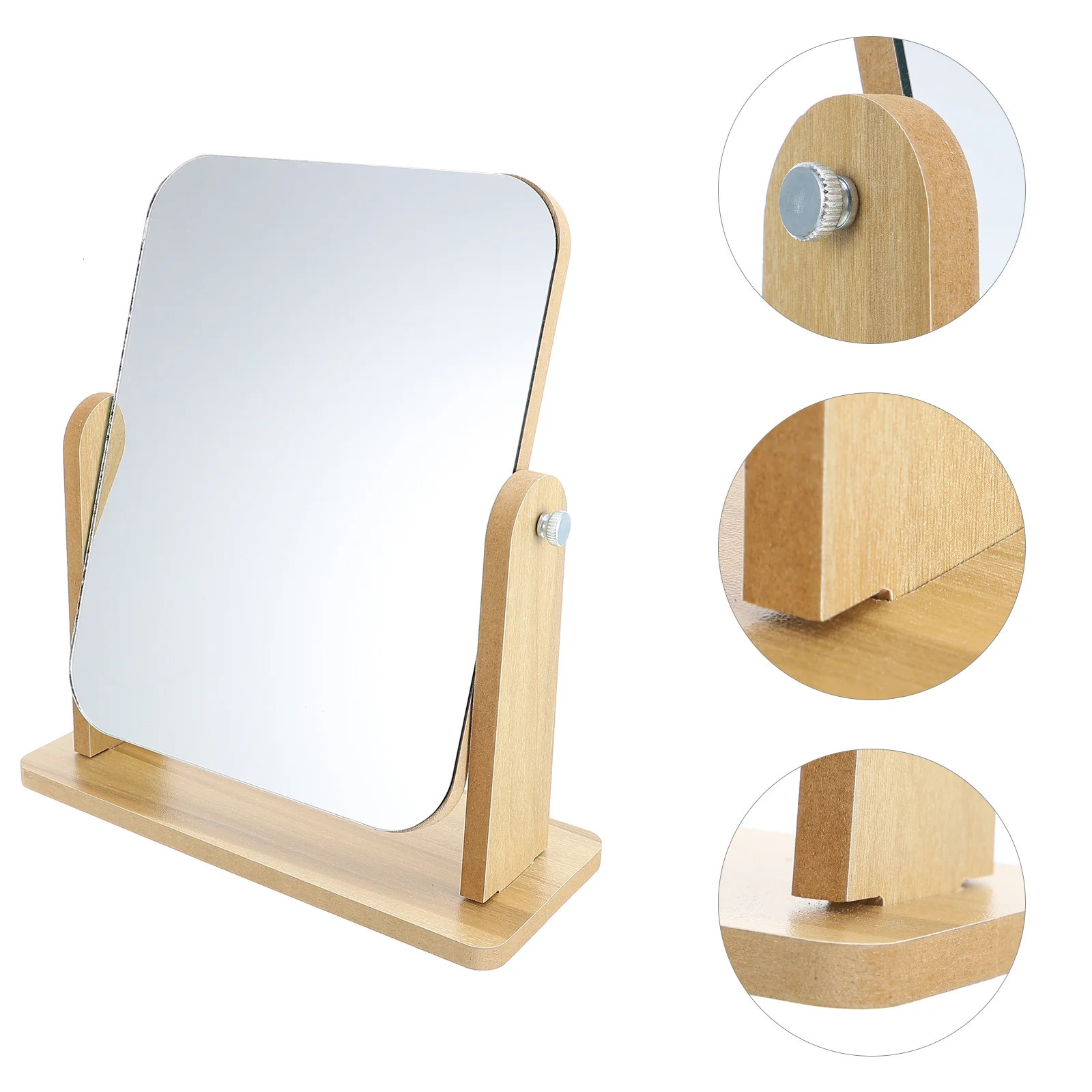 Desktop Vanity Mirror Swivel Square Natural Home Makeup with Stand Glass Wood Travel Dresser 250103
