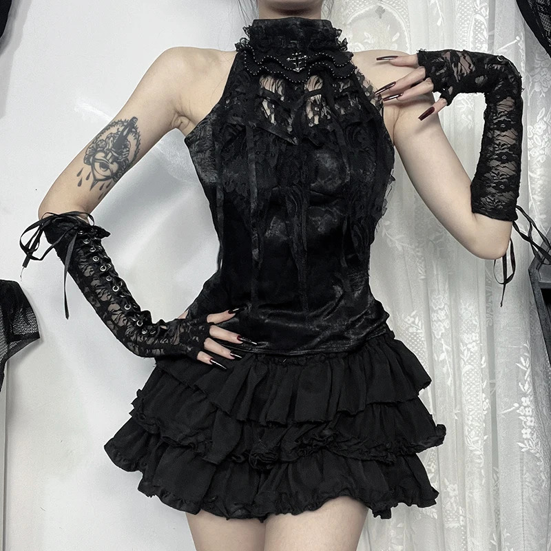 Goth Cross Print Lace Bodycon Crop Top Camis Sexy Y2K Aesthetic Black Red Basic Corset Tank Womens Summer Dress 250103