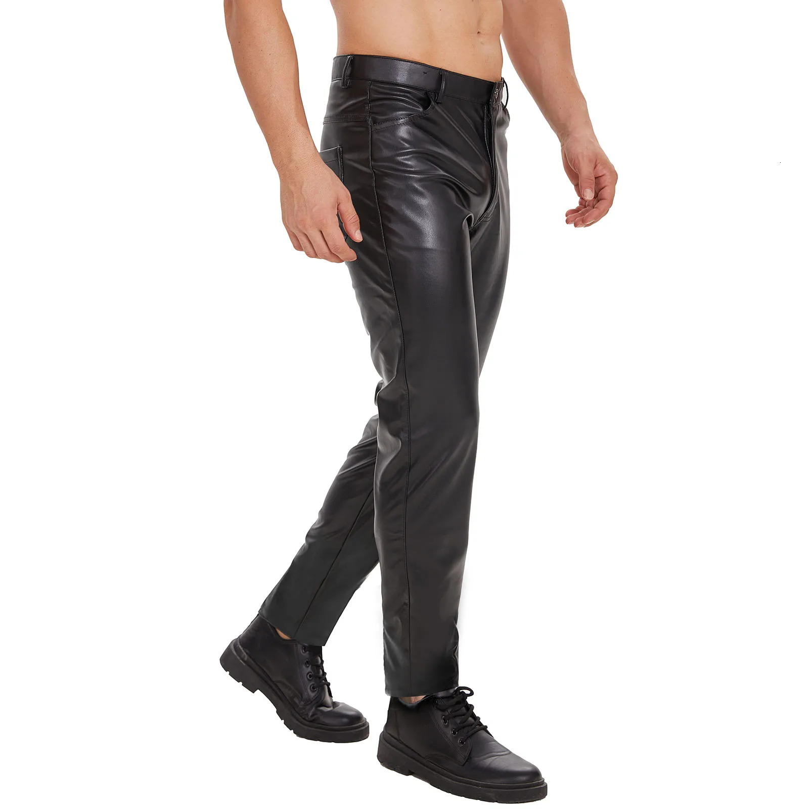 Men Shiny Leather Straight Pants Sexy Zipper Open Crotch Soft Matte Leather Casual Trousers Male High Elastic Shaping Leggings 250103