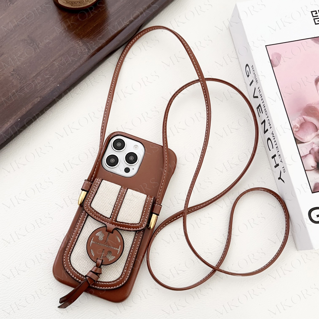 Classic Dsignr T-B Phon Cas for iPhon 16 15 Plus 14 13 12 11 Pro Max Lathr Card Slot Pockt Holdr Storag Shouldr Nck Strap Covr Ladis Girls