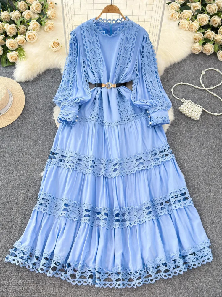 XFPV Fashion A-line Long Dress Vestidos Women Hollow Out Lantern Sleeve O-neck Solid Color 2025 Summer Clothing SM11285 250103