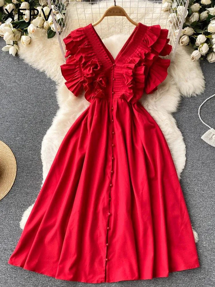 XFPV Women Vintage Pleat Ruffles Mid Length High Waist Dresses V-Neck Sleeveless Temperament Vestidos Spring Summer 2025 SM10095 250103