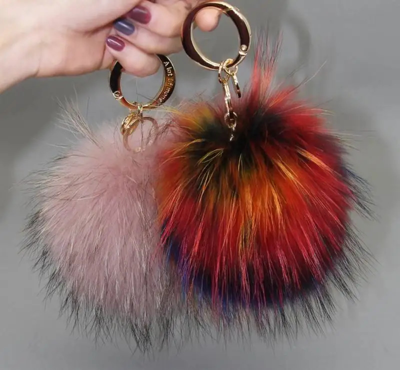 15cm Fluffy Real Raccoon Fur Ball Pom Poms Fur Pompom High Quality Keychain Key Chain Metal Ring Pendant For Women F281250103