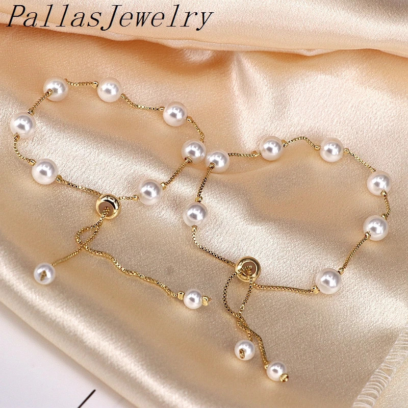 10Pcs 8MM Elegant Fashion Pearl Shell Ball Bracelets For Women Adjustable Bracelet Gold Color Chain Bangle Jewelry Gift 250102