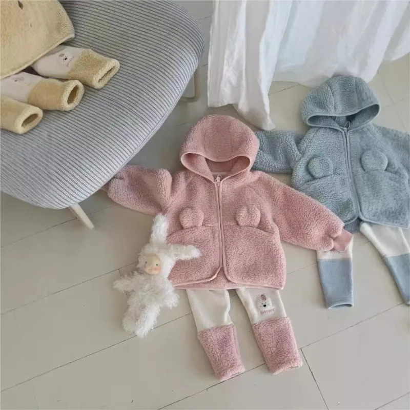 2024 Autumn Winter Korean Kids Girls 2PCS Clothes Set Solid Cartoon Hooded Hairy Warm Coat Patchwork Fleece Leggings Suit 241230