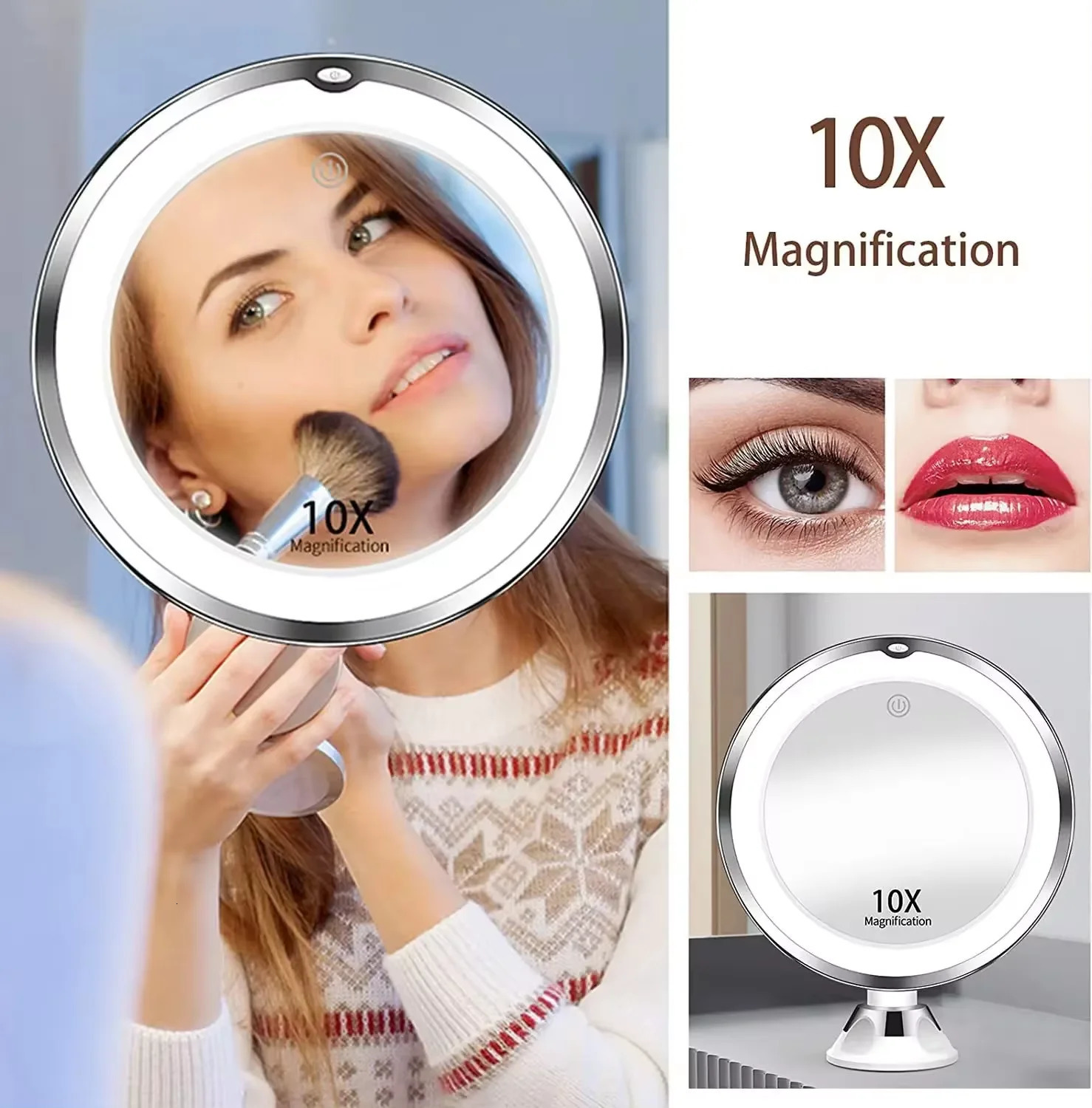 Flexible 10x Magnifying Vanity Mirror with Lights Touch Screen Lighting Dressing Makeup Lamp Bottom Sucker Portable n LED 250103