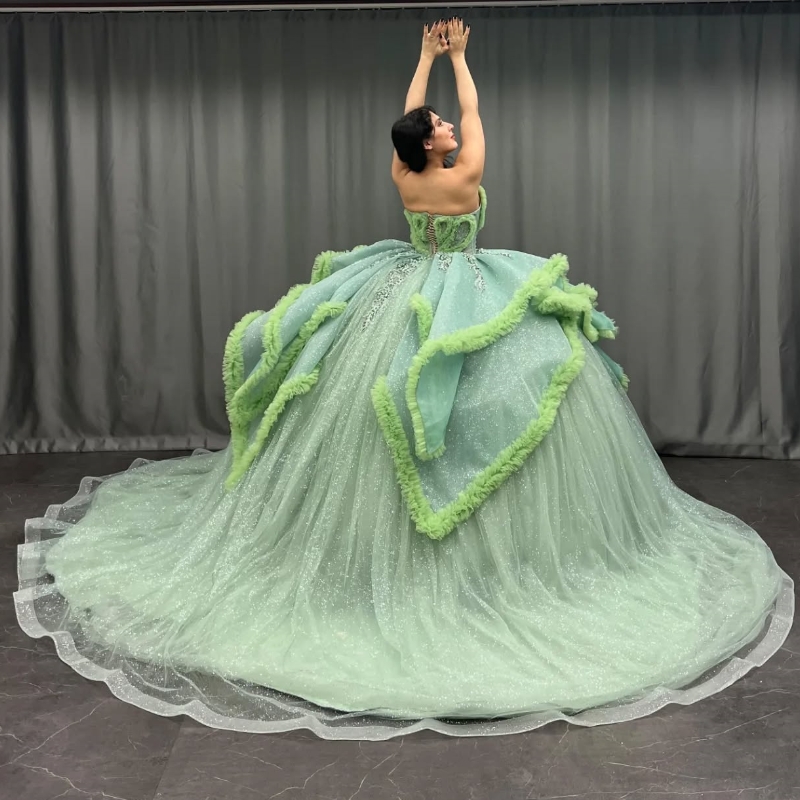 Sage Green Quinceanera Dresses Ball Gown Off The Shoulder Applique Lace Beading Tull Party Birthday Sweet 16 Vestido De 15 Anos