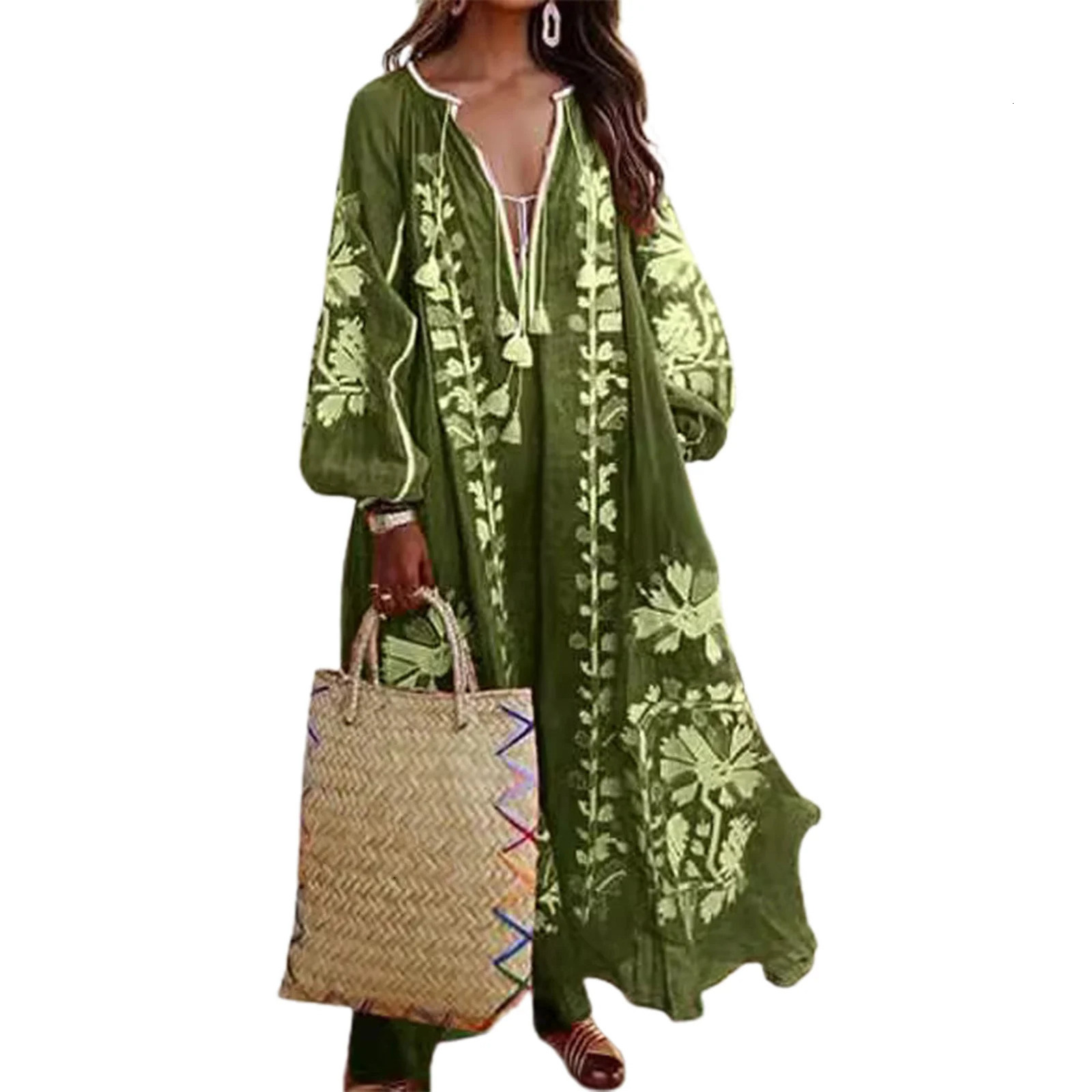 Vestido Spring/Summer Womens Bohemian Dress Fashionable Elegant and Sexy V-neck Retro Digital Printed Tassel Puff Sleeve Medium length Dress 250103