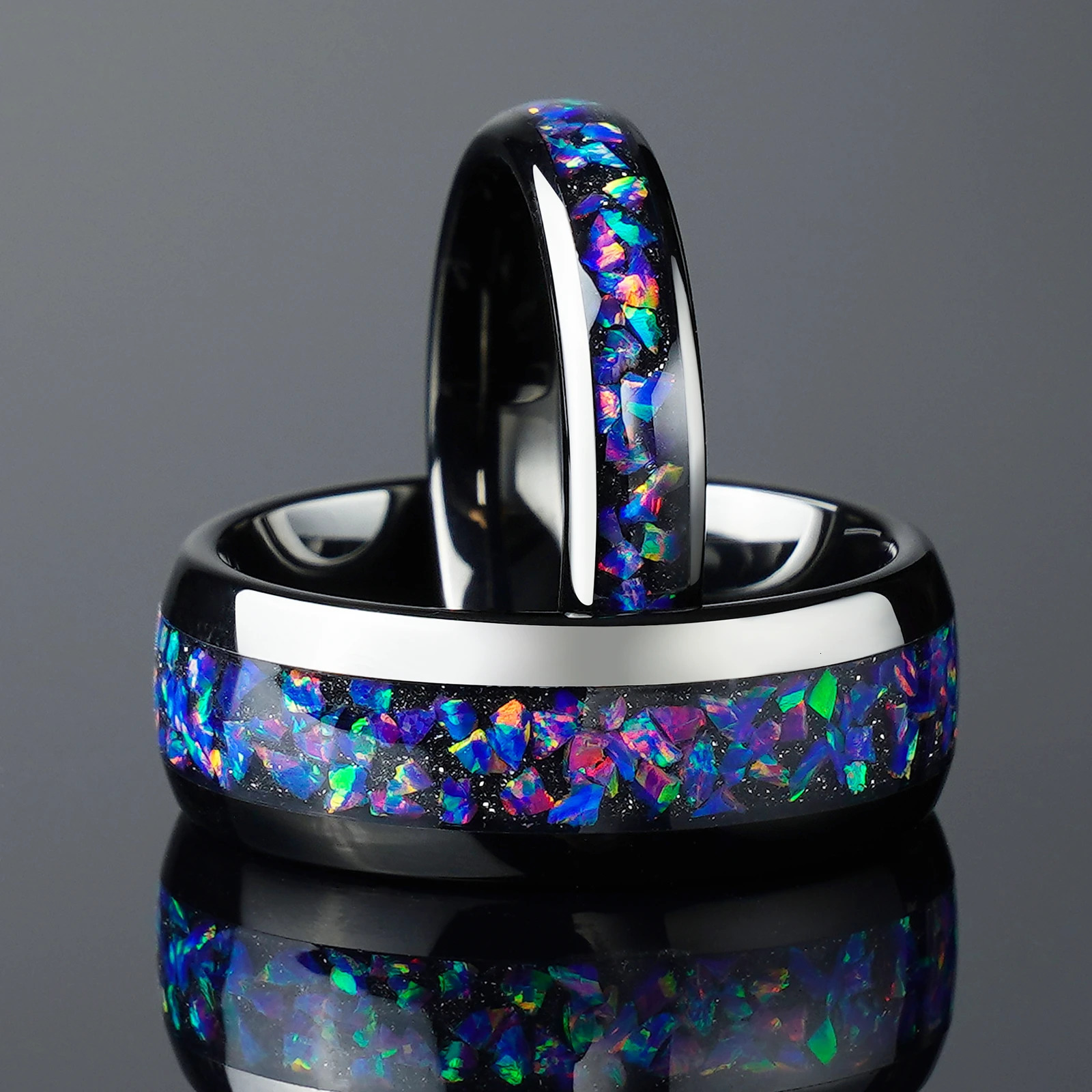 4/8mm Couple Set Colorful Purple Opal Black Tungsten Wedding Engagement Ring For Him And Her 250103