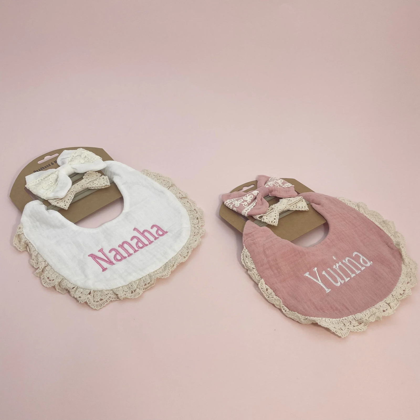 3Pcs/Set Custom Baby Bib Cotton Baby Bibs Lace Headband Hair Bands Muslin Burp Cloth Girl Accessories born Boy Cloths Gift 250103
