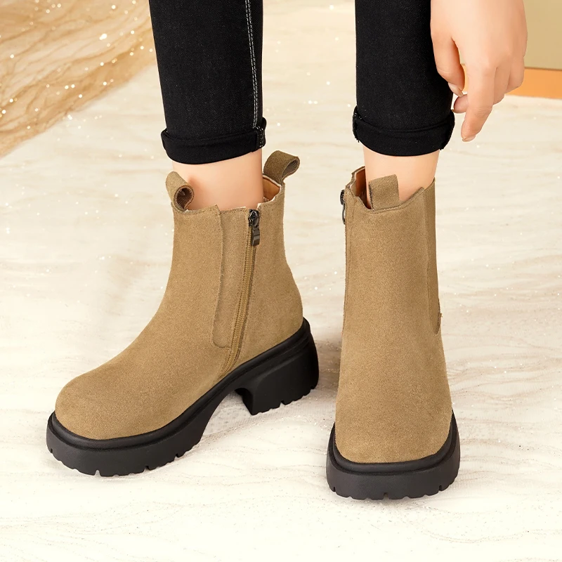 AIYUQI Women's Chelsea Boots Genuine Leather Natural Wool Snow Boots Women's High Heel Women's Ankle Boots