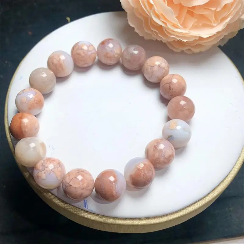 12MM Natural Pink Flower Agate Bracelet Woman Lady Man Healing Wealth Gift Crystal Beads Quartz Gemstone Jewelry 250102
