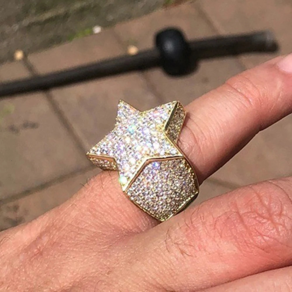 AZ Five-Star Iced Out Rings Mens Gold Silver Color Bling Cubic Zirconia Jewelry Ring Gifts Couple Wedding Rings Women Jewelry 250103