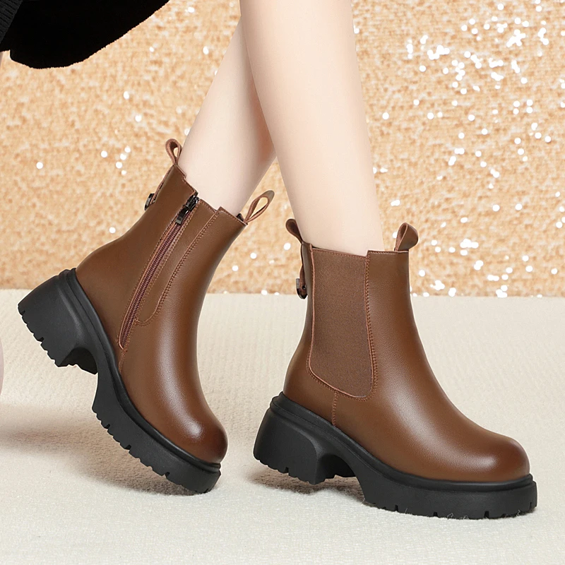 AIYUQI Snow Boots Women Genuine Leather Women Ankle Boots British Style Natural Wool Winter Warm Women Chelsea Boots
