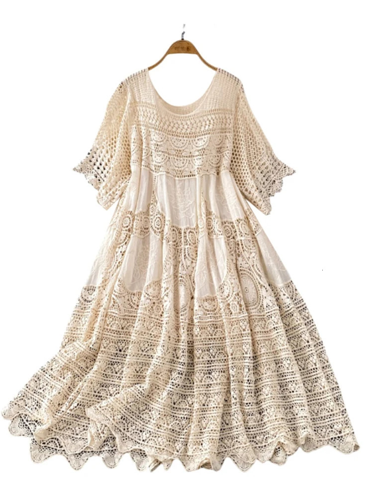 XFPV Womens Hollow Knitted Short Sleeve Elegant Medium length Dress Vestidos Y2k Korean Fashion Spring/Summer 2025 SM11611 250103