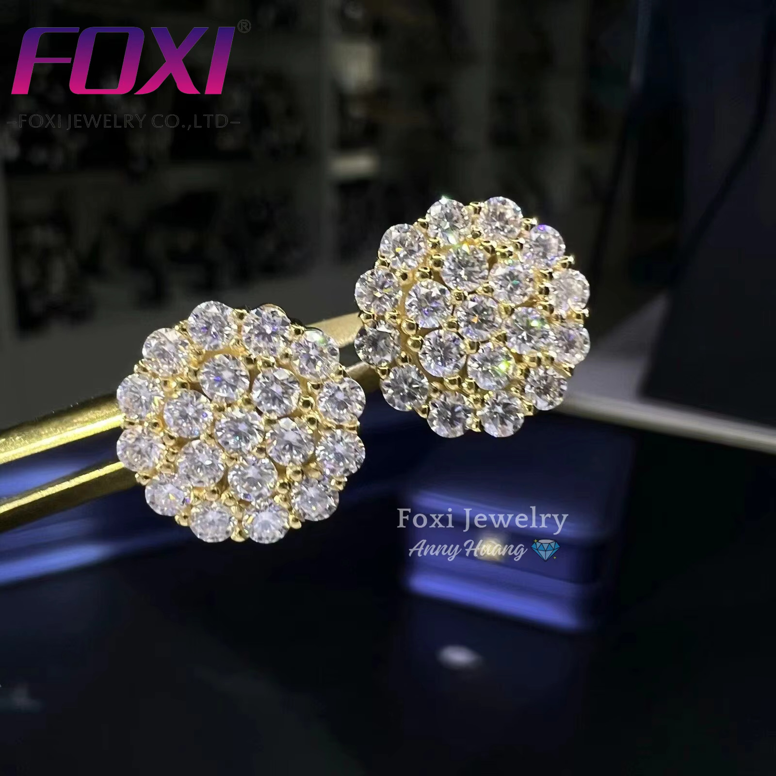 Sterg Sier Moissanite Yellow Gold Plated Round Cut Fine Jewelry Dia Stud Earrings for Women Men