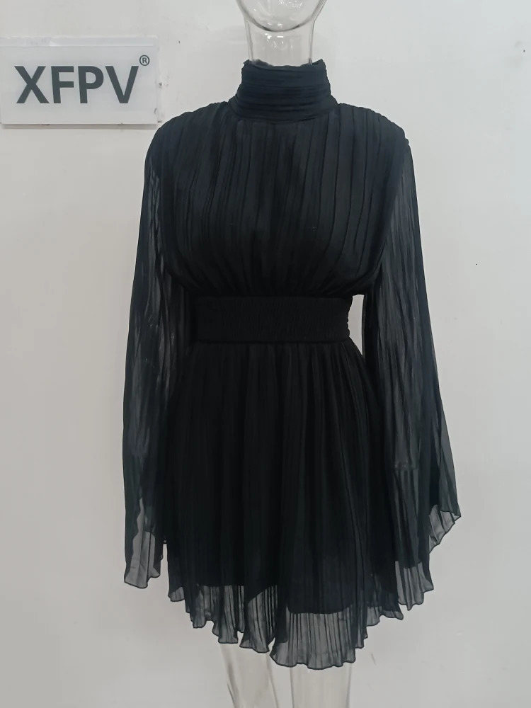 XFPV Elegant Solid Collar Folding Waist Closed Dress for Womens Casual Folded Vestido Womens 2025 Summer Trendy Fashion SM6137 250103