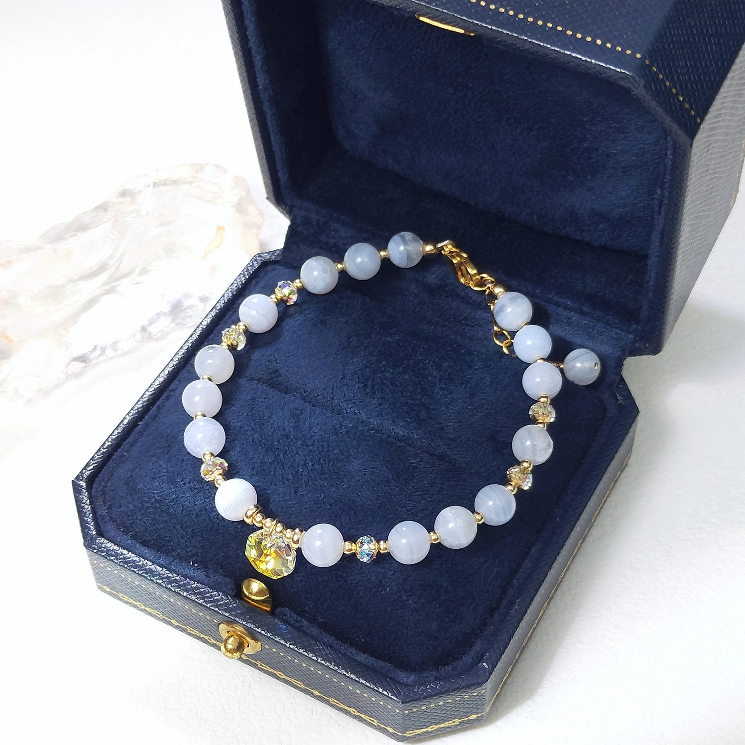 Lii Ji Blue Lace Agate Bracelet Natural Stone 2-6mm 14K Gold Filled Charm Bracelet Handmade Jewelry 250102
