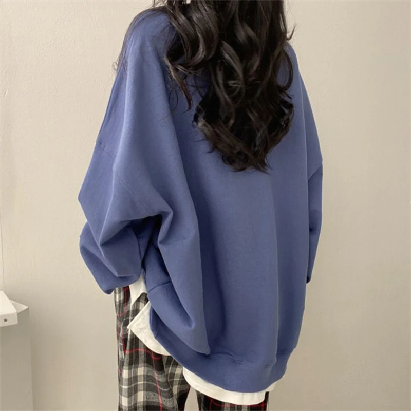 Korean Patchwork Long Sleeve Loose Hoodie Women Crewneck Simple Oversize Sweatshirt Woman Drop Shoulder Casual Sportswear Female 250103