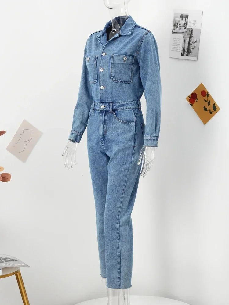 Spring Denim Women Jumpsuit Straight Vintage Patch Pockets Long Sleeve Long Jumpsuits Female Elegant Fashion Chic Outfits 241230