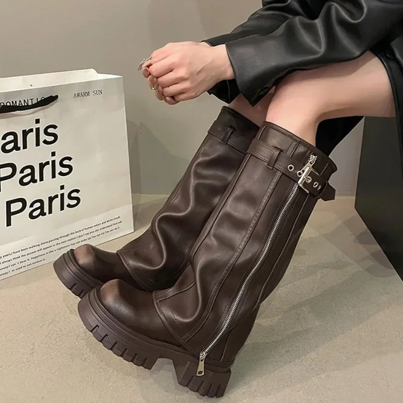 Winter Women Biker Boots Fashion Belt Buckle Ladies Elegant Platform Long Pipe Booties Casual Womens Knee High Booties 250103
