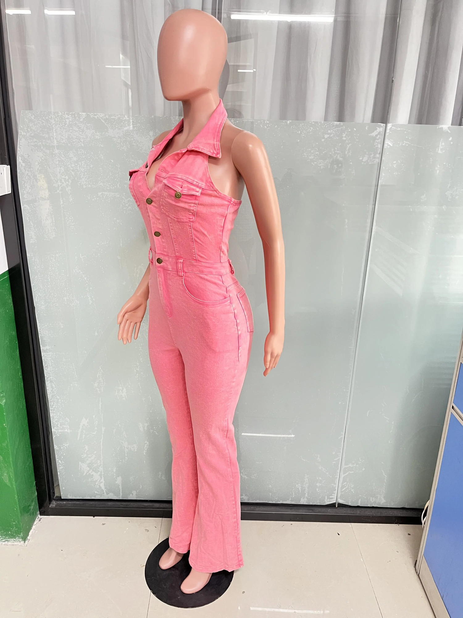Pink Jeans Cargo Jumpsuit Sexy Women Halter Elegant Denim Stretch Casual Overalls Romper 241230