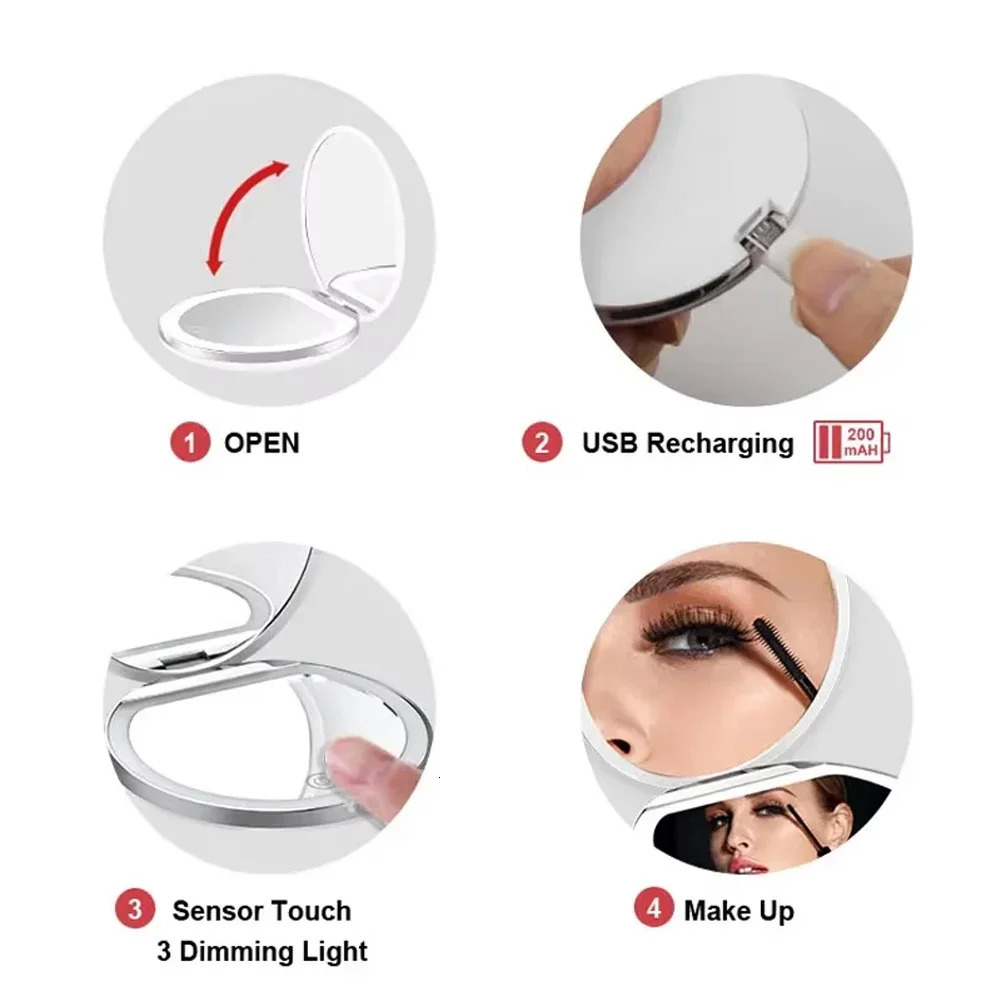 1X/5X Magnifying Travel Folding Compact Pocket Makeup Mirror with Light 3 colors Cosmetic Mirror Portable Rechargeable Touch 250103