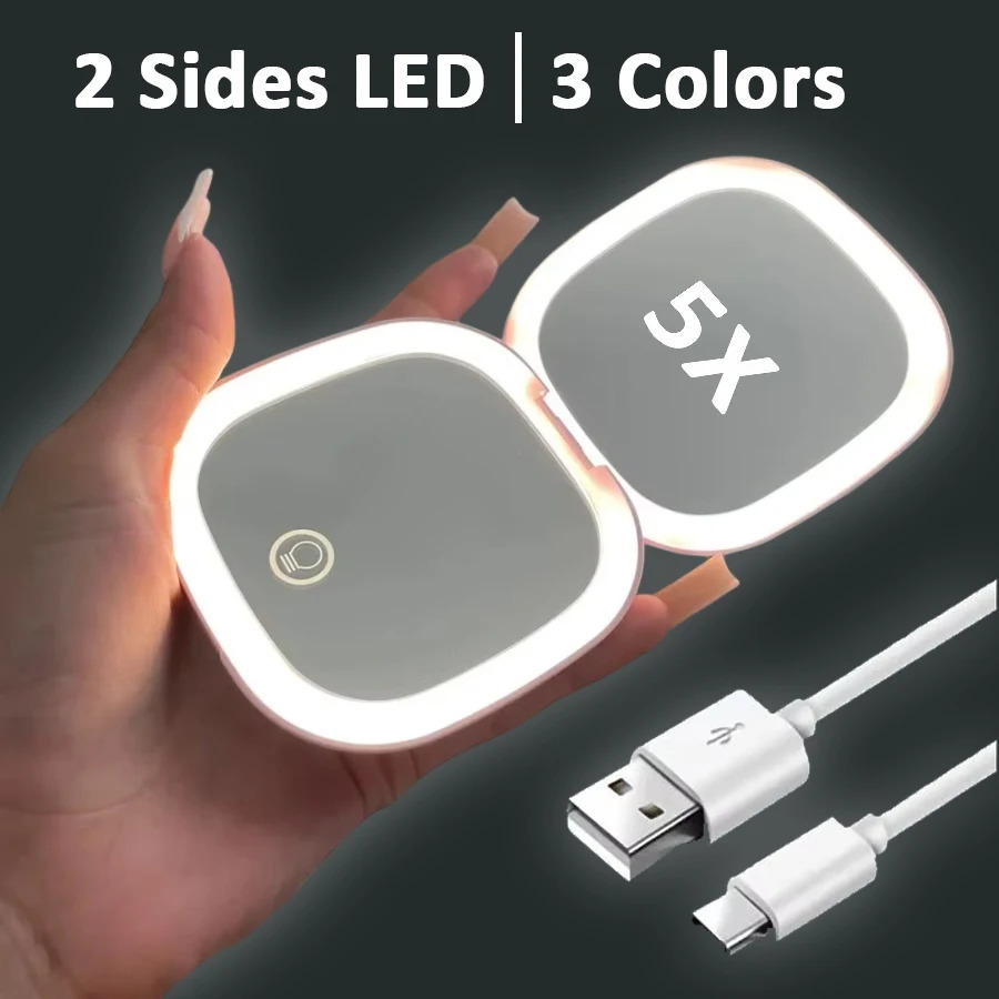 2 Face Sides Led 3 Colors Touch Compact Mini Foldable Cosmetic Charge Makeup Mirror With Light 5X Magnifying Small Pocket Travel 250103