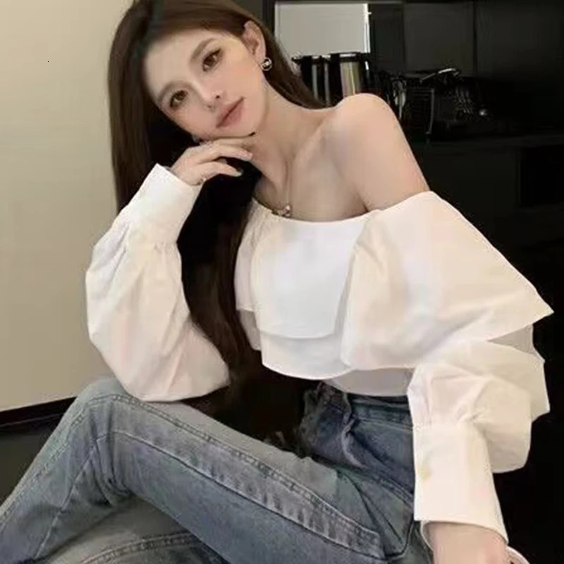 Retro pleated shoulder white shirt for women fashionable long sleeved loose and elegant womens slim fit casual sexy top 8395 241231