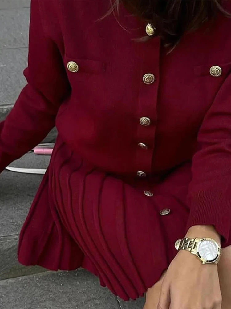 O-neck Sweaters Suits With Mini Skirts Women Knitting Single Breasted Pullover Pleated Skirts Set Lady Autumn Chic Solid Outfit 250103