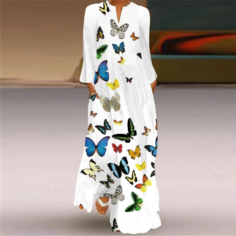 Bohemian long sleeved loose fitting womens V-neck casual dress with pocket printed womens clothing 250103