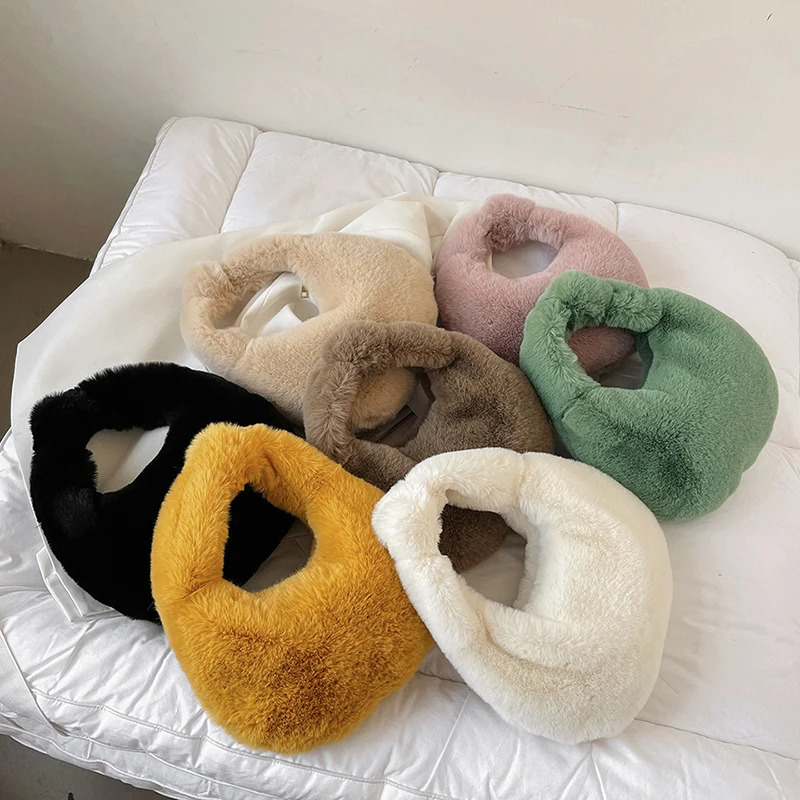 Solid Color Plush Dumpling Bag Handbag Niche n Small Phone Korean Style Tote Faux Rabbit Fur Women 241226