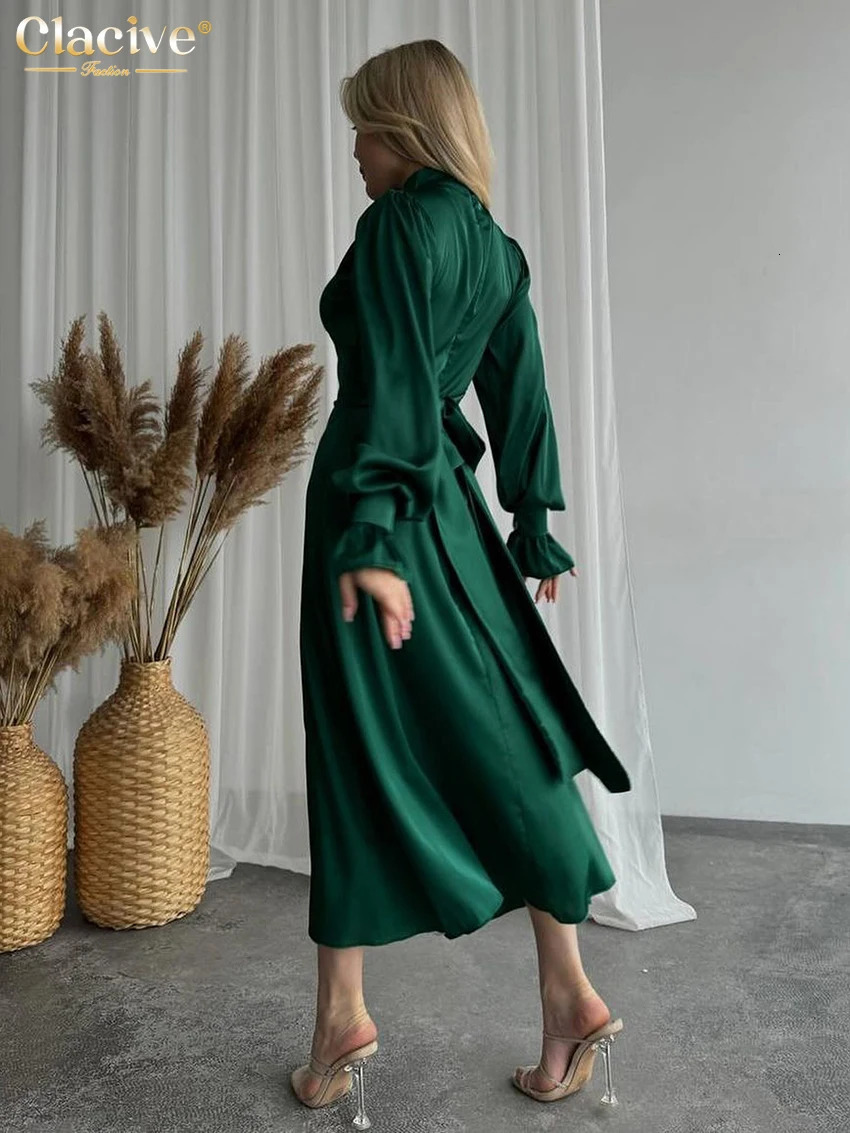Clacive Fashion Loose Green Satin Womens Dress 2025 Elegant Upright Collar Long Sleeve Midi Dress Casual Classic Womens Dress 250103