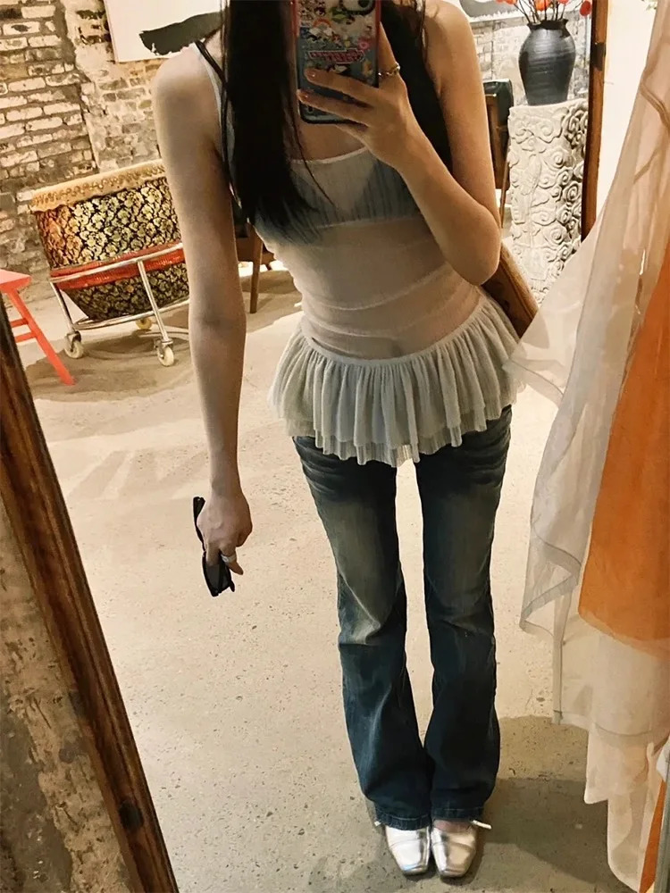 Deeptown Y2k sees through tank top womens Korean fashion Fairycore crop top womens Harajuku aesthetic sexy K-pop summer clothing 250103