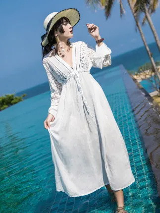 TEELYNN long sleeved beach dress retro lace white summer dress sexy deep V-neck long sleeved womens bohemian dress 250103