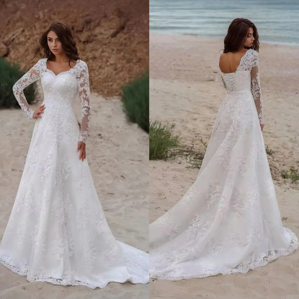Beach Lace Wedding Dresses Long Sleeves Open Back A-Line Ivory Bridal Gowns Appliques Court Train Bohemian Bride Dress 2025