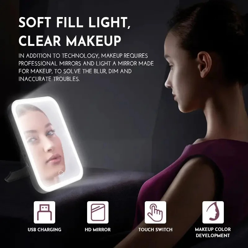 LED Makeup Mirror Touch Screen 3 Light Portable Standing Folding Vanity Mirror 5X Magnifying Compact Cosmetics Mirror 250103