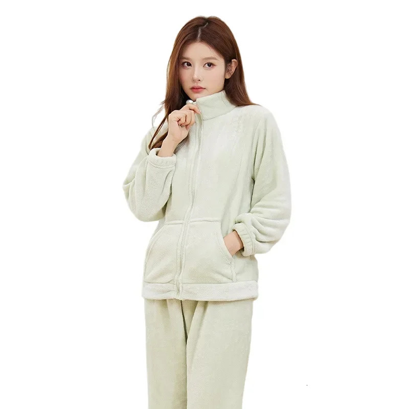 Autumn and Winter Womens Comfortable Cotton Velvet Zipper Home Suit Set Fashionable Flannel Casual Warm Sleepwear 250103
