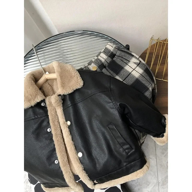 2-11Y Kids Leather Jackets Boys Girls Black Fleece Cardigan Coat Autumn Winter Warm Loose Vintage Clothes Teenagers Outerwear 241226
