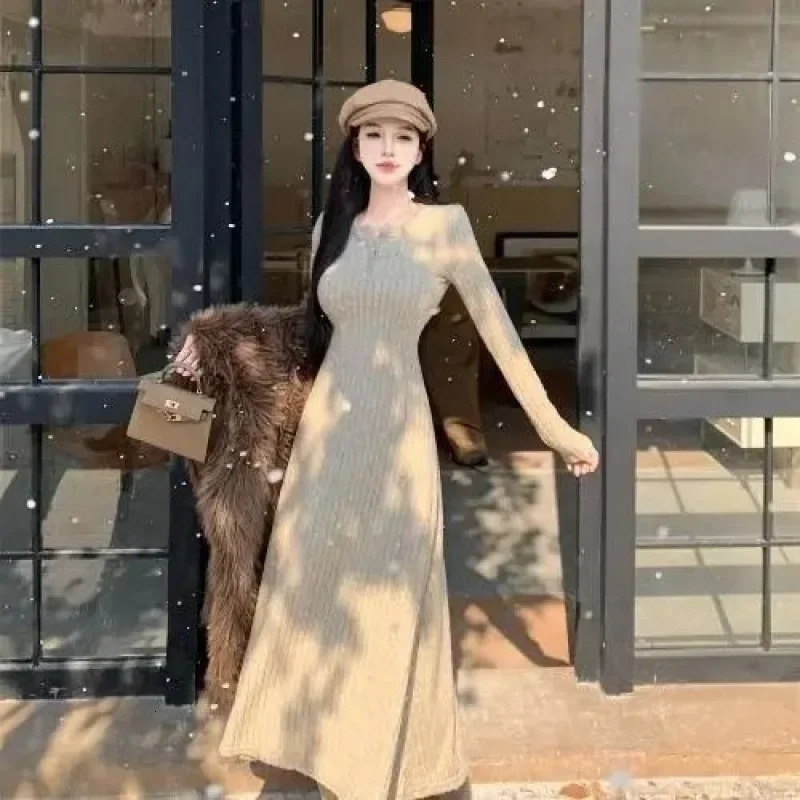 Elegant French Style Long Sleeve Knit Dress For Women Autumn Winter Inner Waist-Fitted Slimming Smooths Your Silhouette 250103