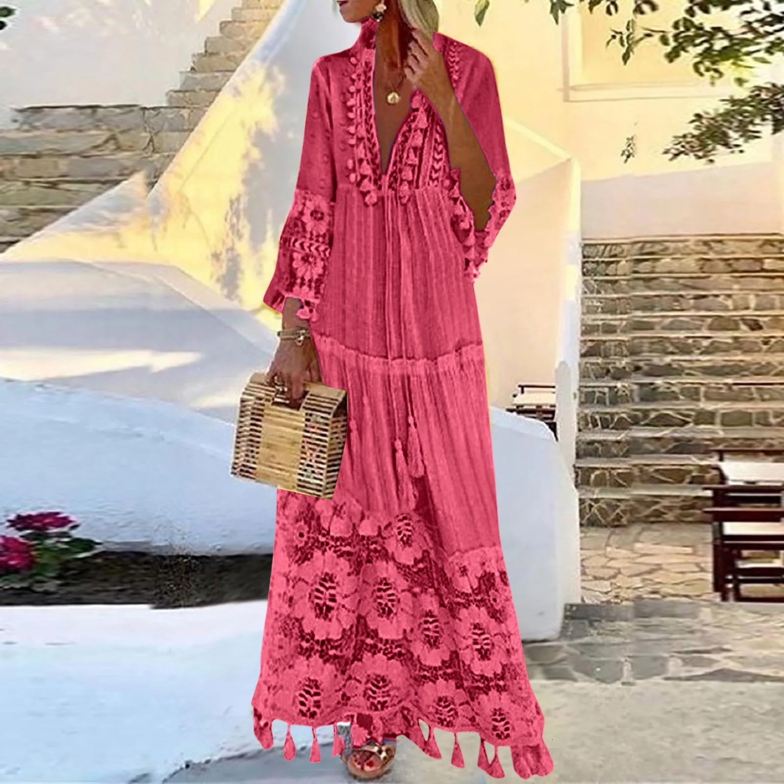 lace bohemian dress womens embroidered crochet tassel pleated long skirt summer V-neck womens swaying beach sun skirt bohemian dress 250103