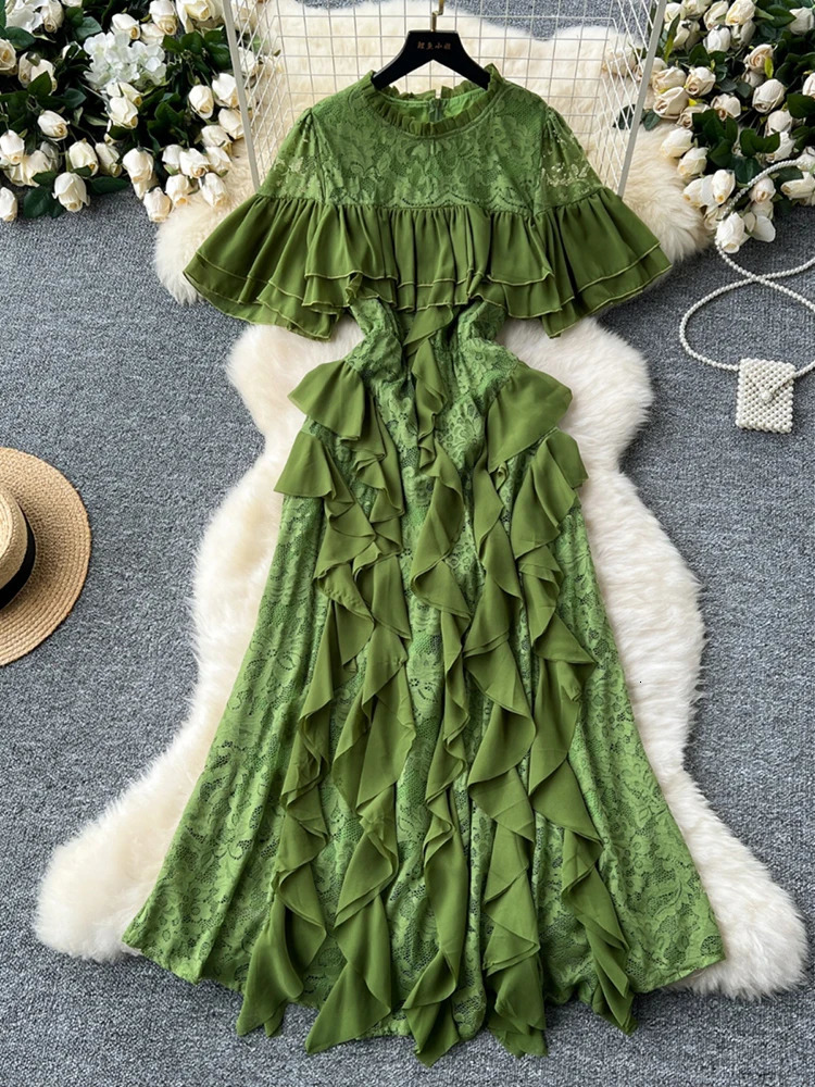 XFPV Women Spliced Round Neck Flared Sleeves High Waist Slim Lace Lotus Leaf Edge Dress Vestidos Y2k Fashion Spring Summer 2025 250103